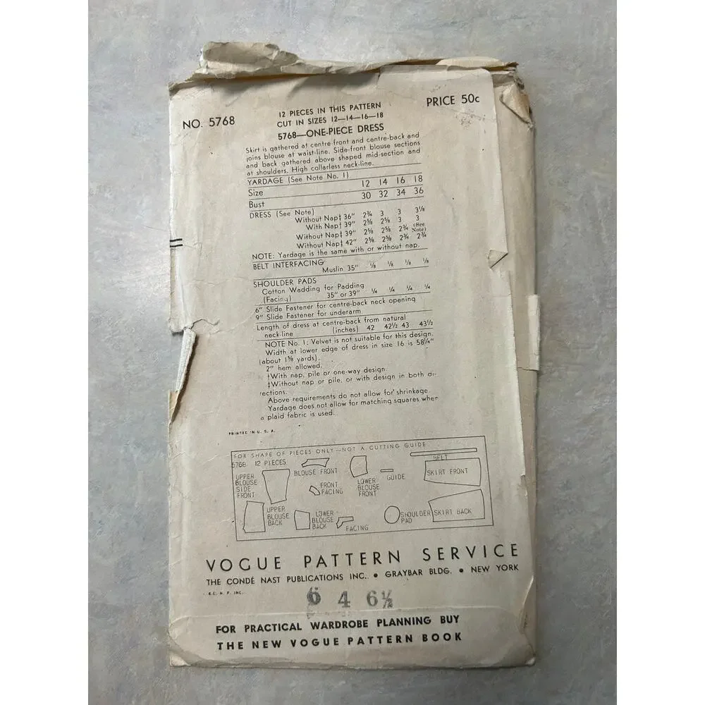 Vintage 1940's Vogue Pattern #5768 Cocktail Dress Size 16 HTF‎